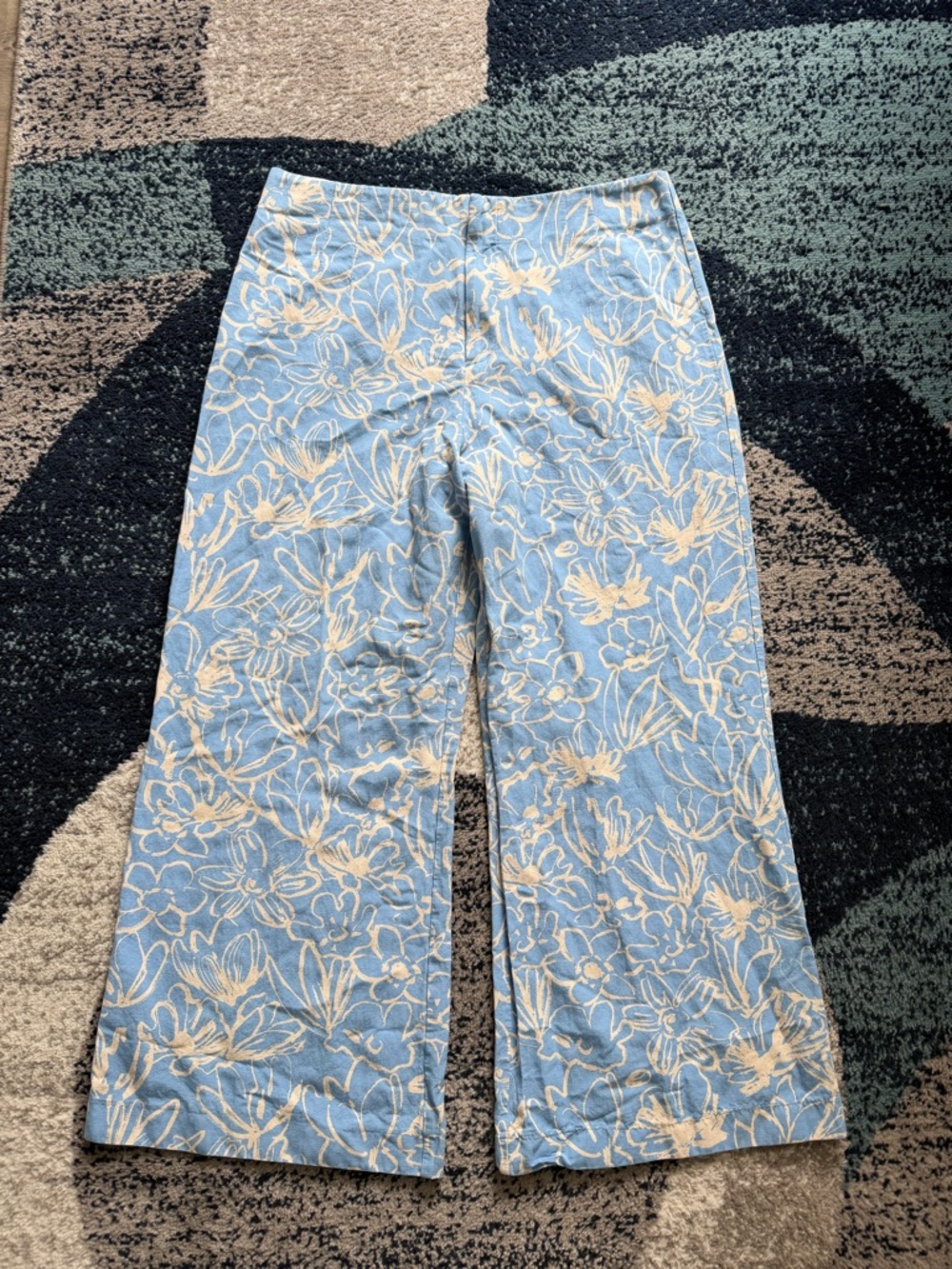 Zara Light Blue and Cream Floral Wide-Leg Pants